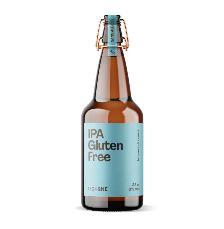 a beer bottle with a blue ethiquette