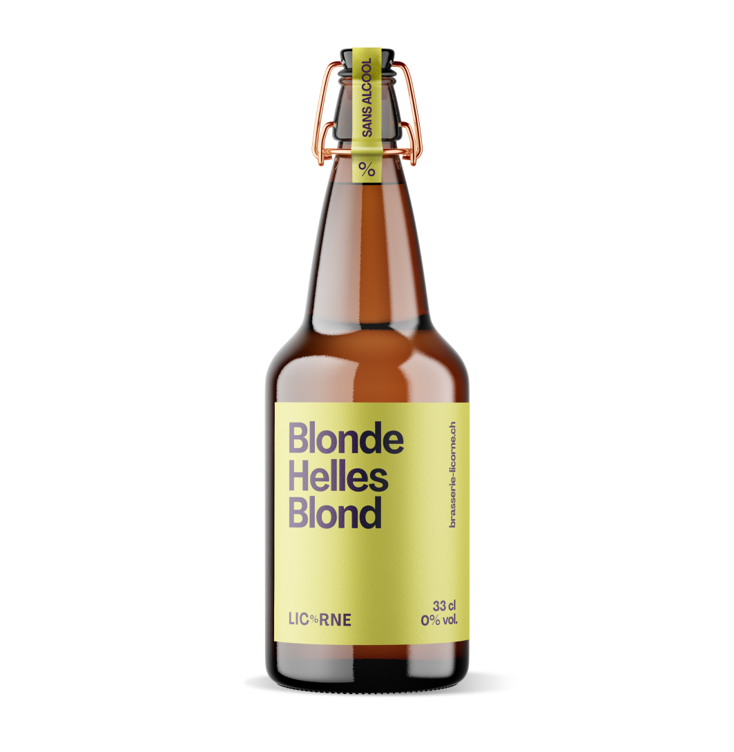 a beer bottle with a yellow ethiquette